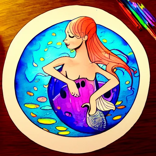 Prompt: watercolor marker drawing of a mermaid sitting in a fish bowl, a storybook illustration by cyril rolando, featured on pixiv, pop surrealism, fisheye lens, anime