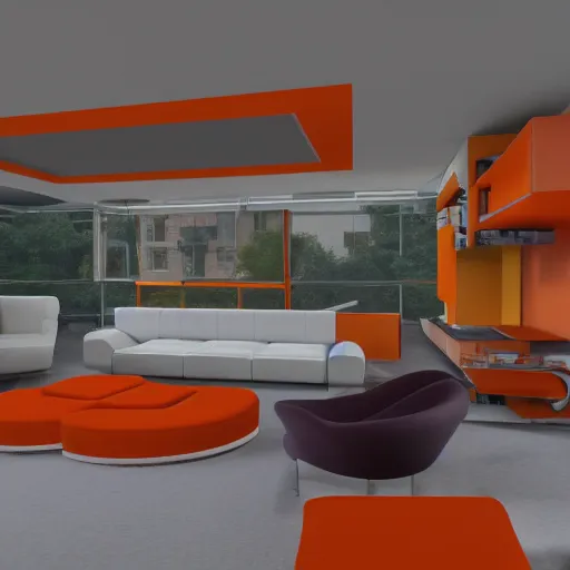 Prompt: 1970's futurist interior living space, furnished by aero aarino, primary colors are white, orange, yellow, and red unreal engine 8k resolution