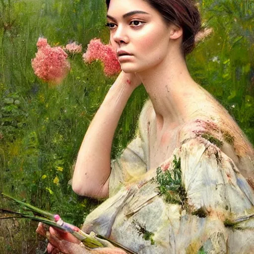 Image similar to happy very thick paint brush strokes paint texture full body very worn out very rusty fashion model kendall jenner by Jeremy Lipking by Hasui Kawase by Richard Schmid ((smokey eyes makeup eye shadow fantasy, glow, shimmer as victorian woman in a long white frilly lace dress and a large white hat having tea in a sunroom filled with flowers, roses and lush fern flowers ,intricate, night, highly detailed, dramatic lighting)) , high quality