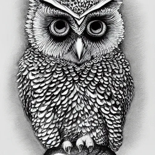 Image similar to A wise owl by Kentaro Miura, highly detailed, black and white