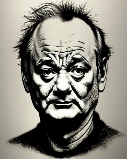 Image similar to bill murray, hyper realism, fine details, deviantart artstation, extremely detailed, black and white, very sharp, in the style of albrecht durer, etching,