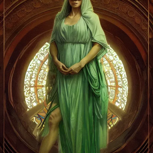 Image similar to epic masterpiece full body portrait of the Oracle at Delphi, female, gauze dress, inhaling the green fumes, highly detailed, digital painting, artstation, concept art, sharp focus, illustration, art by artgerm and greg rutkowski and alphonse mucha