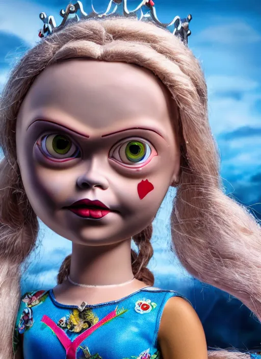 Image similar to closeup face profile portrait of a tin toy greta thunberg as the bride of chucky as a fairytale princess wearing a crown, bikini, depth of field, zeiss lens, detailed, fashion photoshoot, by nicoletta ceccoli, mark ryden, lostfish, breathtaking, 8 k resolution, extremely detailed, beautiful, establishing shot, artistic, hyperrealistic, octane render