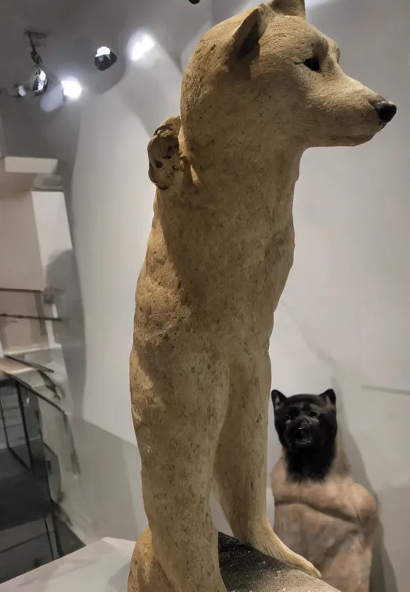 Image similar to ancient roman statue of a shiba inu inside an alien museum