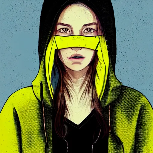 Image similar to girl in yellow hoodie, portrait, illustration, cyberpunk