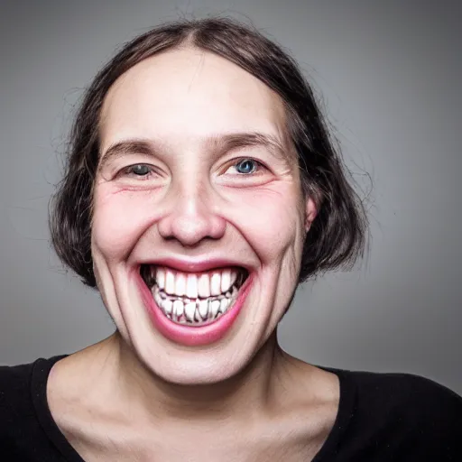 Image similar to a face smiling with way too many teeth, hypodontia, portrait photography