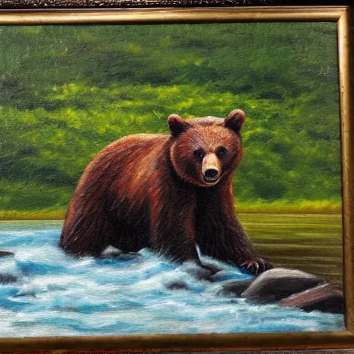 Image similar to oil painting of a bear standing on rocky hill, fast floeing river seen at the bottom