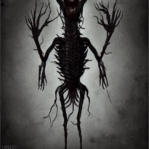 Image similar to scary creature with many limbs, creepy, dark, horror, jeszika le vye style