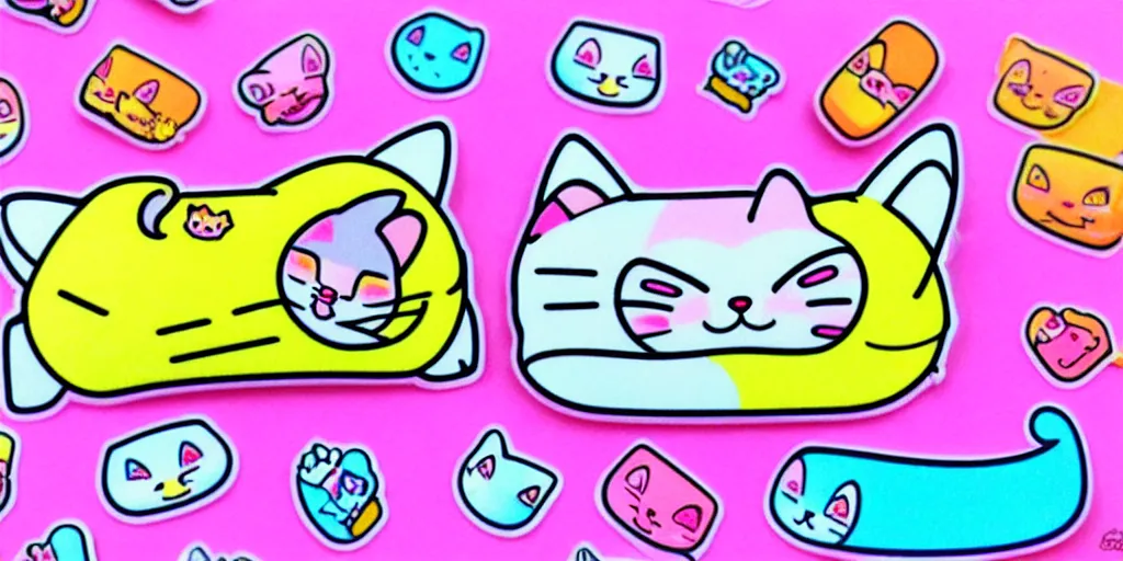 Image similar to a cat burrito, puffy sticker, glitter sticker, kawaii by studio ghibli, by lisa frank 8 k pastel colours, neon colours, fluorescent colours,