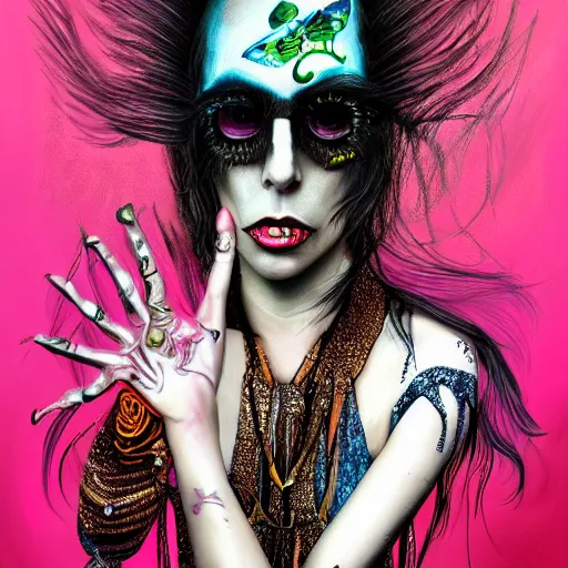 Image similar to an extremely psychedelic portrait of lady gaga as alice cooper, surreal, lsd, face, detailed, intricate, elegant, lithe, highly detailed, digital painting, artstation, concept art, smooth, sharp focus, illustration,