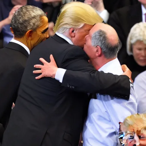 Prompt: donald trump hugging barack obama tenderly