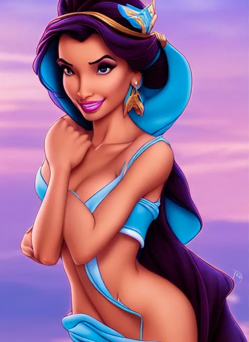 Image similar to gorgeous disney princess jasmine, hyper realistic, professionally retouched, muted colors, soft lighting, realistic, smooth face, full body shot, torso, dress, perfect eyes, sharp focus on eyes, 8 k, high definition, insanely detailed, intricate, elegant, art by j scott campbell and artgerm