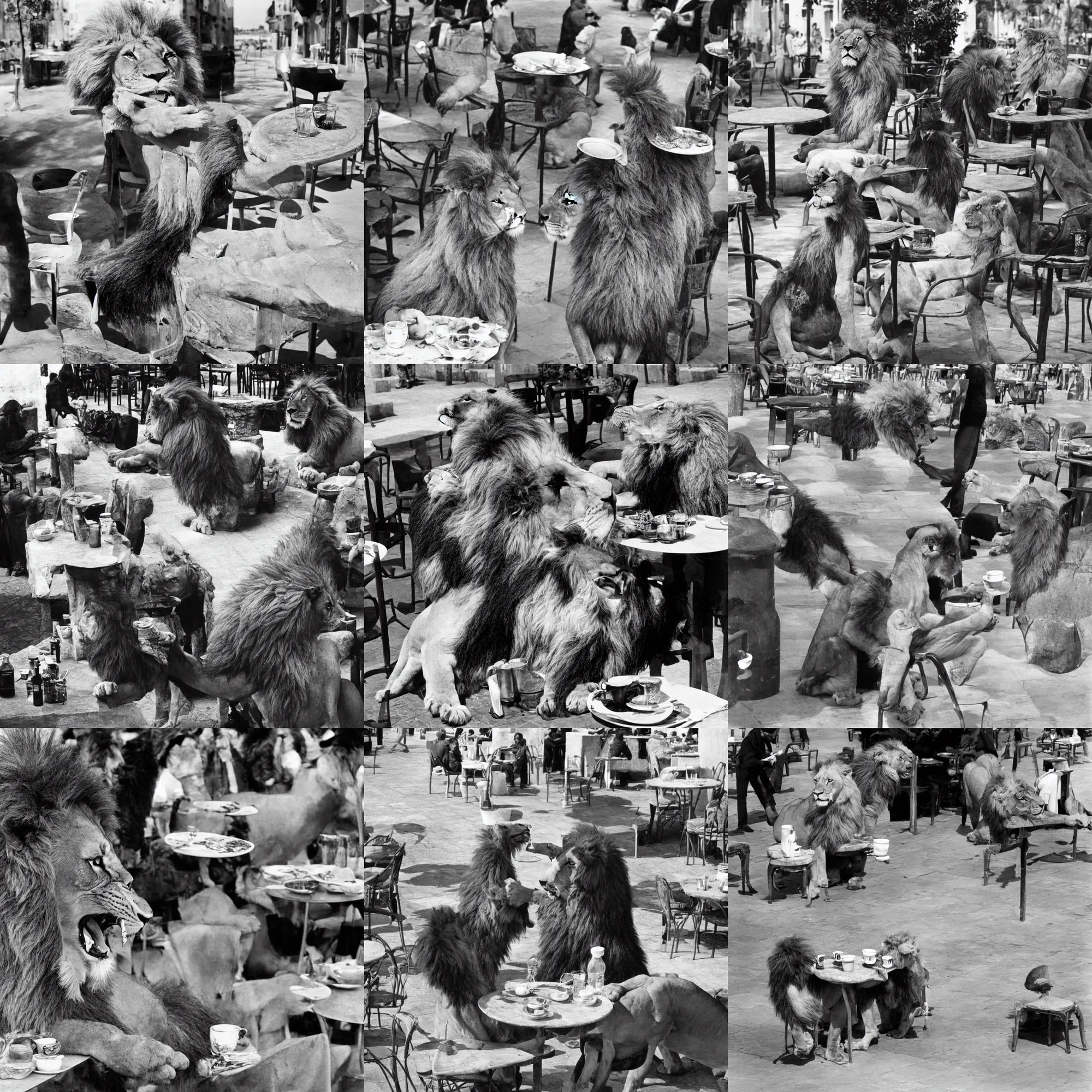 Prompt: A lion drinking a coffee at the terrace, in Rabat. Close-up, Henry Cartier Bresson.