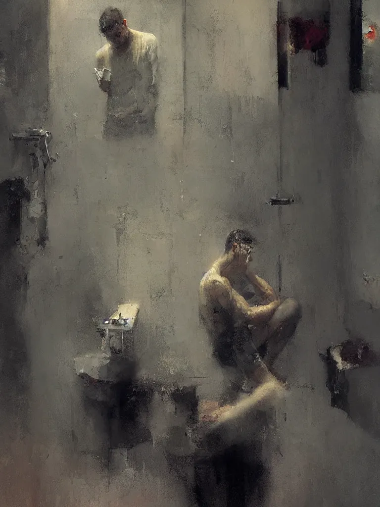Prompt: a beautiful picture by alpay efe and christian hook of a man looking at his phone in a bathroom, color bleeding, brushstrokes by jeremy mann