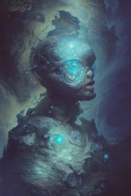 Image similar to close up shot of an astronaut portrait fading into the aether, water elemental, james gurney, peter mohrbacher, mike mignola, black paper, mandelbulb fractal, trending on artstation, exquisite detail perfect, hyper detailed, intricate ink illustration, black background