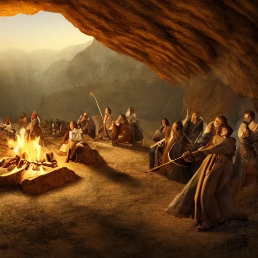 Image similar to medieval people dancing in a cave, there are great crystals on the ground and a campfire, matte painting, 4k, very detailed