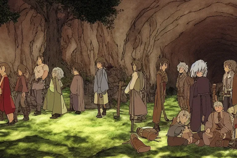 Prompt: tonemapped the fellowship of the ring by studio ghibli,