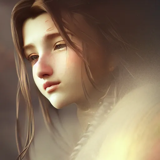 Image similar to beautiful aerith gainsborough, face centered portrait, confident, fog, rain, volumetric lighting, beautiful, golden hour, sharp focus, ultra detailed, cgsociety by leesha hannigan, ross tran, thierry doizon, kai carpenter, ignacio fernandez rios