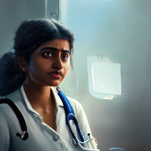 Prompt: Anxious young female Indian Doctor catching a flight, by Cedric Peyravernay, highly detailed, excellent composition, cinematic concept art, dramatic lighting, trending on ArtStation