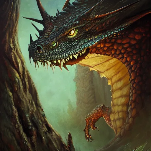 Prompt: oil painting of ferocious dragon forest, dnd character, fantasy, realistic textured skin, big lizard head, glowing eyes, sharp focus, artgem, boris valejo, frank frazetta, heavy metal style, trending on artstation, digital painting, julie bell, beautiful, very detailed,