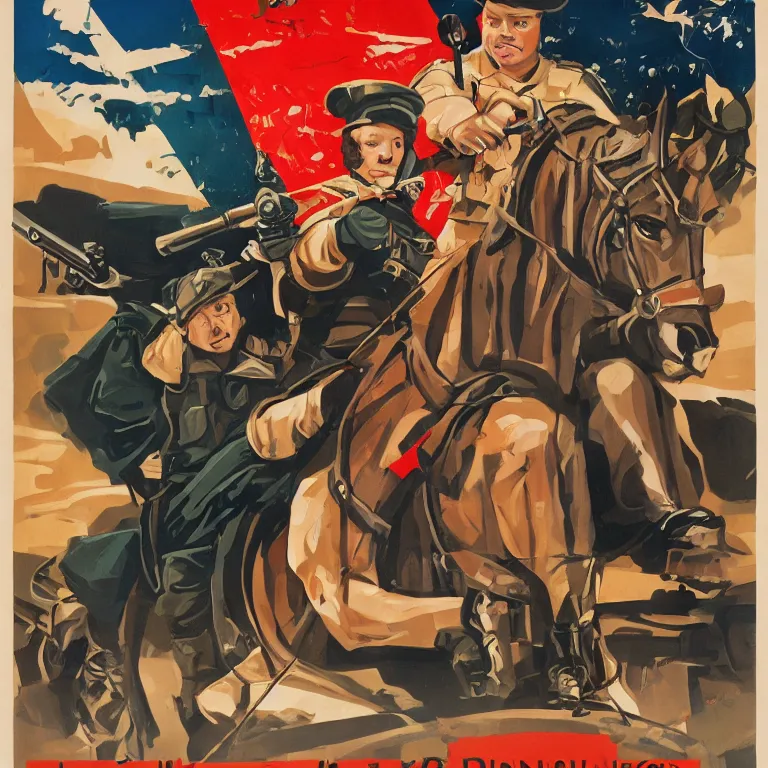 Prompt: propaganda poster rich evans holding a gun riding a chariot, 8 k, tredning on artstation