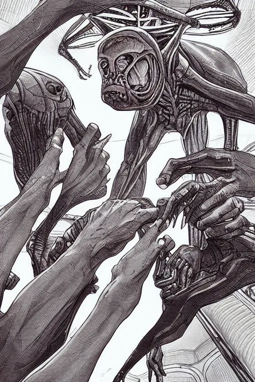 Image similar to “Human holding hands of alien, set in a large stadium full of approving onlookers, Moebius, Artstation”