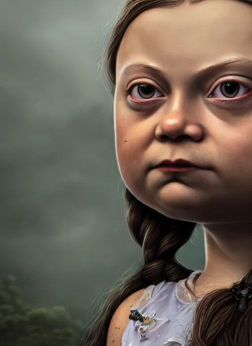 Image similar to highly detailed closeup, face profile portrait of greta thunberg as a gothic vampire, bikini, unreal engine, nicoletta ceccoli, mark ryden, earl norem, lostfish, global illumination, detailed and intricate environment