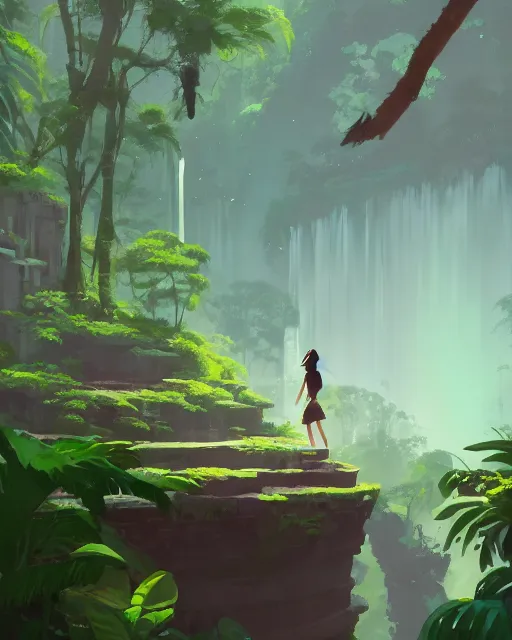 Image similar to forgotten temple, lush vegetation, waterfalls, cory loftis, james gilleard, atey ghailan, makoto shinkai, goro fujita, rim light, exquisite lighting, clear focus, very coherent, plain background, soft painting