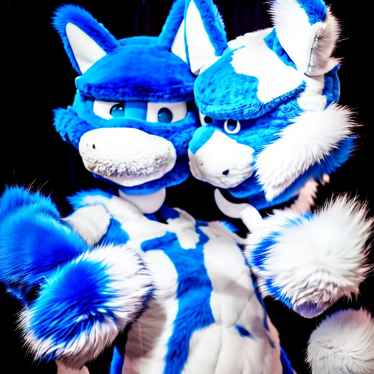 Image similar to photo of a fursuiter ( spherical dragon ) ( blue + white fur ) posing | | fullbody fursuiter photoshoot, photo portrait of a cute roguish male furry fursuiter ( tail attached ), key visual, warm lighting, hd, taken at anthrocon ( furry convention ), 1 6 k