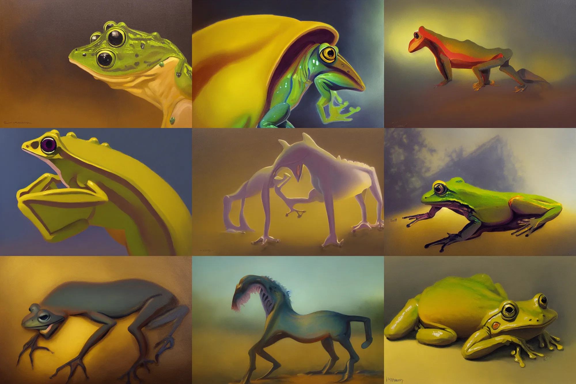 Prompt: tonalist painting of diaphanous horse - faced frog monster, yellow ochre, titanium white, quinacridone magenta, hard lighting, figurative art, plein air, edge lighting, atmospheric, ambient occlusion, subsurface scattering, dust