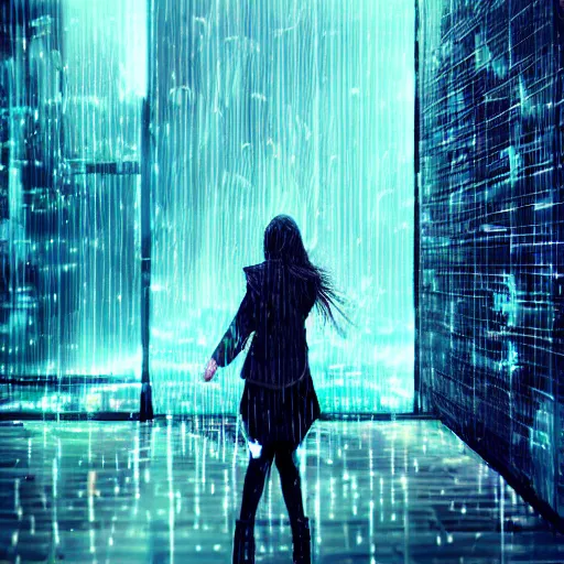 Image similar to hyperdetailed beautiful girl in the rain interacting with a holographic interface on a wall in a future cyber punk style city trending on cgsociety