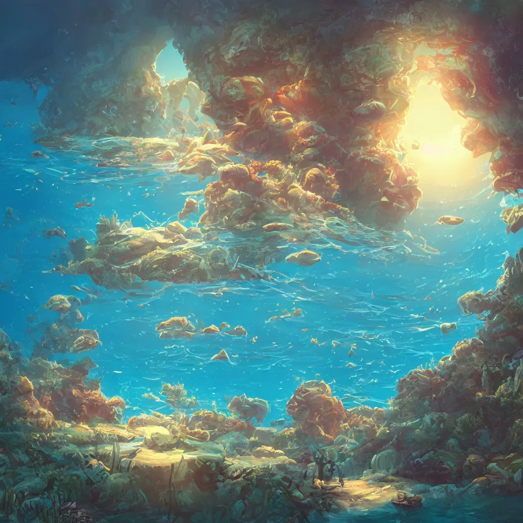 Prompt: a detailed illustration a idyllic underwater ocean scene by Alex Hirsch, trending on artstation, cgsociety, deviantart