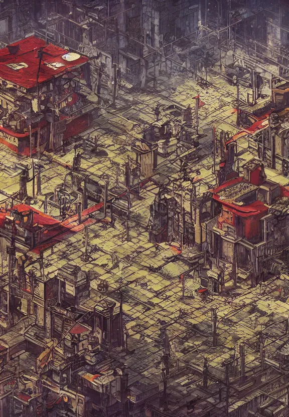 Image similar to [Underground colony with checkered flags, rust and brutalist buildings and little mushrooms. Propaganda poster, intricate, elegant, highly detailed, digital painting, artstation, concept art, matte, sharp focus, illustration, art by Enki Bilal and Moebius]