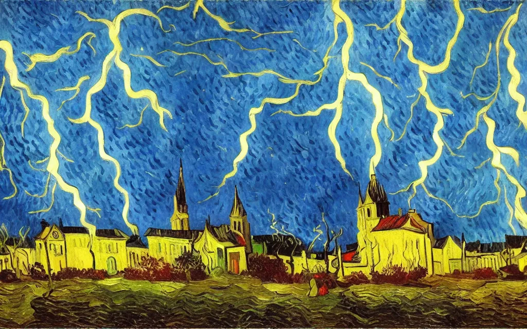 Image similar to expressionist oil painting by van gogh of lightning storm over a tall gothic church, landscape painting, expressionism, 8 k resolution detailed art, small brushstrokes, watercolor palette