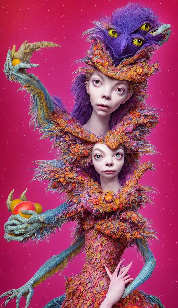 Image similar to hyper detailed 3d render like a Oil painting - kawaii portrait of quirky Aurora (a beautiful skeksis muppet fae queen from dark crystal that looks like Anya Taylor-Joy) seen red carpet photoshoot in UVIVF posing in scaly dress to Eat of the Strangling network of yellowcake aerochrome and milky Fruit and His delicate Hands hold of gossamer polyp blossoms bring iridescent fungal flowers whose spores black the foolish stars by Jacek Yerka, Ilya Kuvshinov, Mariusz Lewandowski, Houdini algorithmic generative render, Abstract brush strokes, Masterpiece, Edward Hopper and James Gilleard, Zdzislaw Beksinski, Mark Ryden, Wolfgang Lettl, hints of Yayoi Kasuma and Dr. Seuss, octane render, 8k