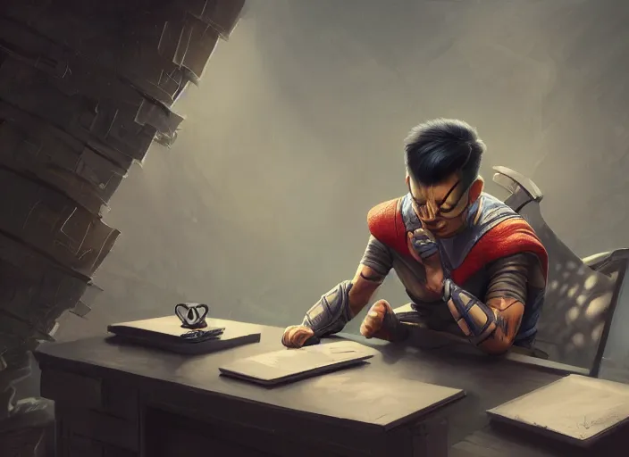 Image similar to an insanely detailed painting of an asian man wearing a homemade superhero costume, sitting at a desk, staring seriously at the computer and typing, in the style of peter mohrbacher, dramatic lighting and composition, surreal background, octane render, pixar, trending on artstation, concept art, comic book, view from behind, 8 k