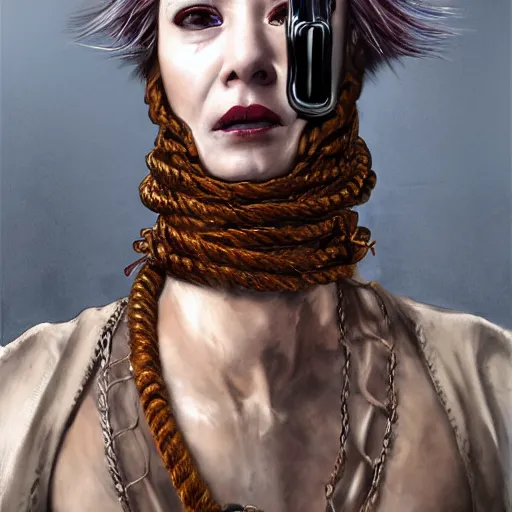 Image similar to portrait of a Shibari rope wrapped face and neck, headshot, insanely nice professional hair style, dramatic hair color, digital painting, of a old 15th century, old cyborg merchant, amber jewels, baroque, ornate clothing, scifi, realistic, hyperdetailed, chiaroscuro, concept art, art by Franz Hals and Jon Foster and Ayami Kojima and Amano and Karol Bak,