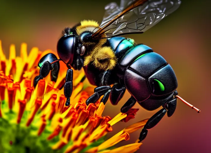 Image similar to super macro of a mechanical robotic cyborg bee drinking from a flower in the forest. fantasy magic style. highly detailed 8 k. intricate. nikon d 8 5 0 3 0 0 mm. award winning photography.