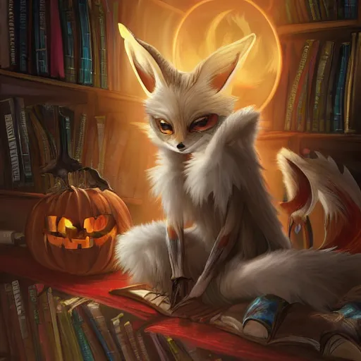 Prompt: an anime of a fennec fox peacock character with oni fangs, wearing mage robes, sitting in a library over candlelight, anime by yuji ikehata, spooky, halloween, candlelight, dimly lit, realistic, detailed, proper proportions, fully clothed