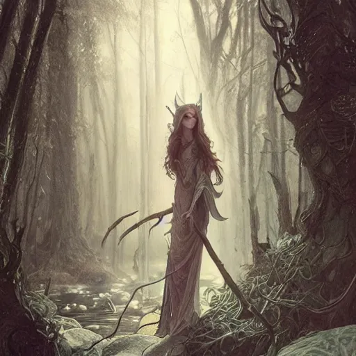 Prompt: mysterious elven king meditating in a foggy forest at dusk professional photography, d & d, fantasy, intricate, elegant, highly detailed, sharp focus, illustration, art by artgerm and greg rutkowski and alphonse mucha
