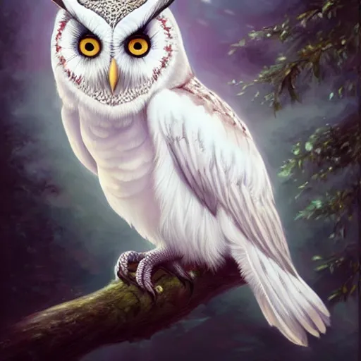 Image similar to painting of beautiful white owl in style of artgerm and charlie bowater, 8k, highly detailed