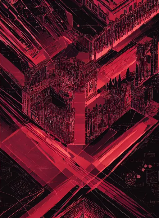 Prompt: dark design poster showing a majestic roman city, black background with very subtle red and purple design elements, powerful, nekro, vito acconci, thin straight lines, dark, glitch art, neo vaporwave, gritty, layout frame, square, trending on artstation