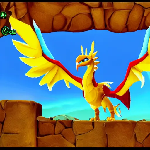 Image similar to screenshot of a humanoid griffin bard with a feather in its cap as an enemy in spyro the dragon video game, with playstation 1 graphics, activision blizzard, upscaled to high resolution