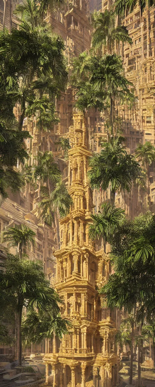 Prompt: photorealistic eye level conteporary babylon tower, golden intricate details, stone facade, sacred ancient architecture, hanging gardens, cascading highrise, arid mountains with lush palm forest, sunlight, post - production, octane, cgi, sfx