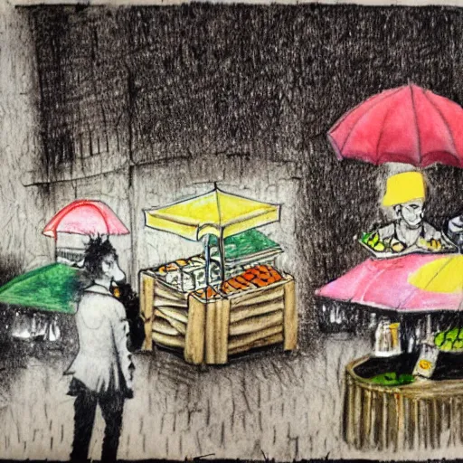 Prompt: pencil and pen drawing of a food market festival by banksy and monet. Street photography. Watercolor finishing. rainy day.