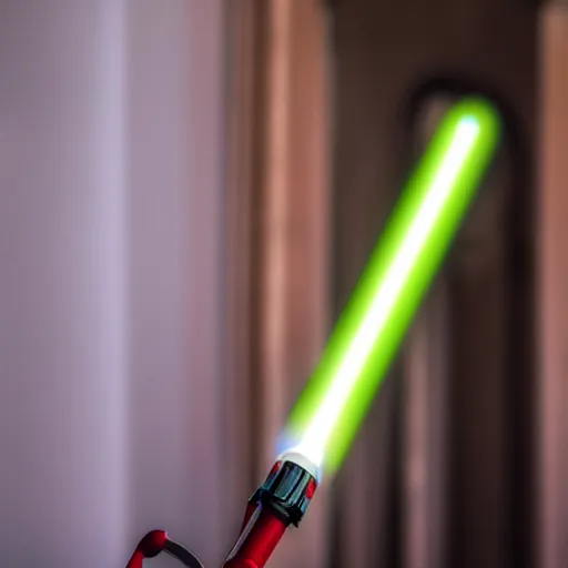 Prompt: macro shot of a lightsaber sitting on a table in the hall of a great castle