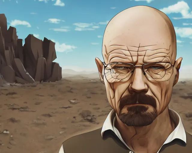 Prompt: walter white in a desert, anime artstyle, detailed, accurate, 4 k, cinematic, dynamic lighting