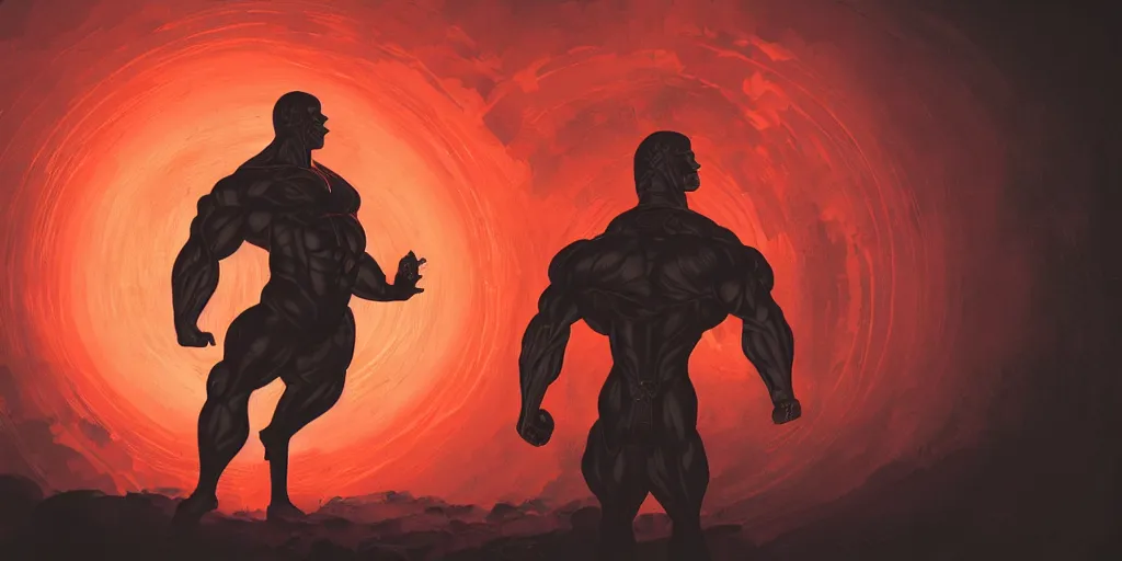 Prompt: A digital intricate illustration concept art of a silhouette of a Roman mr olympia in a color lit lava at night, stunning massive ornately inspired art by Renato muccillo and Andreas Rocha and Johanna Rupprecht + dofus colors, wakfu colors + symmetry, symmetrical face, symmetrical body + natural volumetric lighting, realistic 4k octane beautifully detailed render, 4k post-processing, intricate complexity, epic composition, magical atmosphere, highly detailed, cinematic lighting + masterpiece, trending on artstation