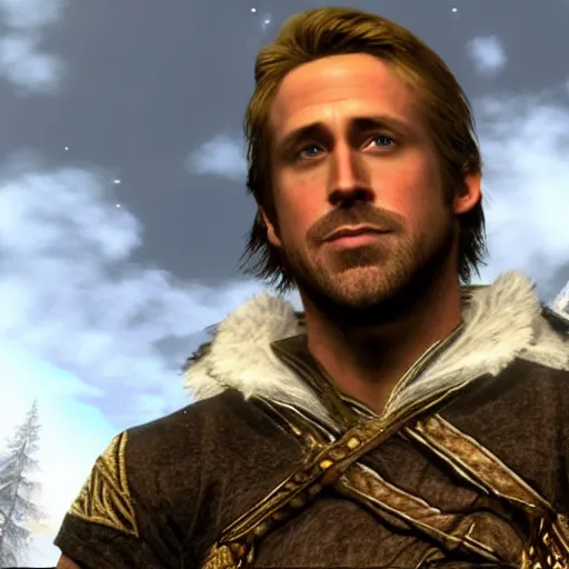 Prompt: screenshot of Ryan Gosling as a bard in Skyrim