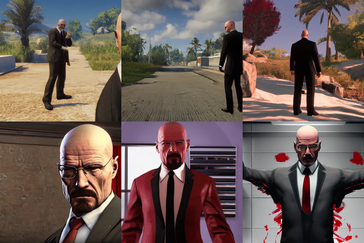 Prompt: Screenshot of Walter White as Agent 47 (red tie) in the Hitman 2016 video game